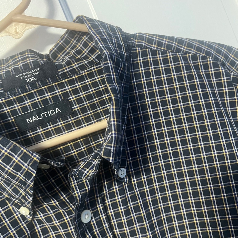 Nautica Button Down Shirt Mens‎ XXL Navy Blue Yellow Plaid